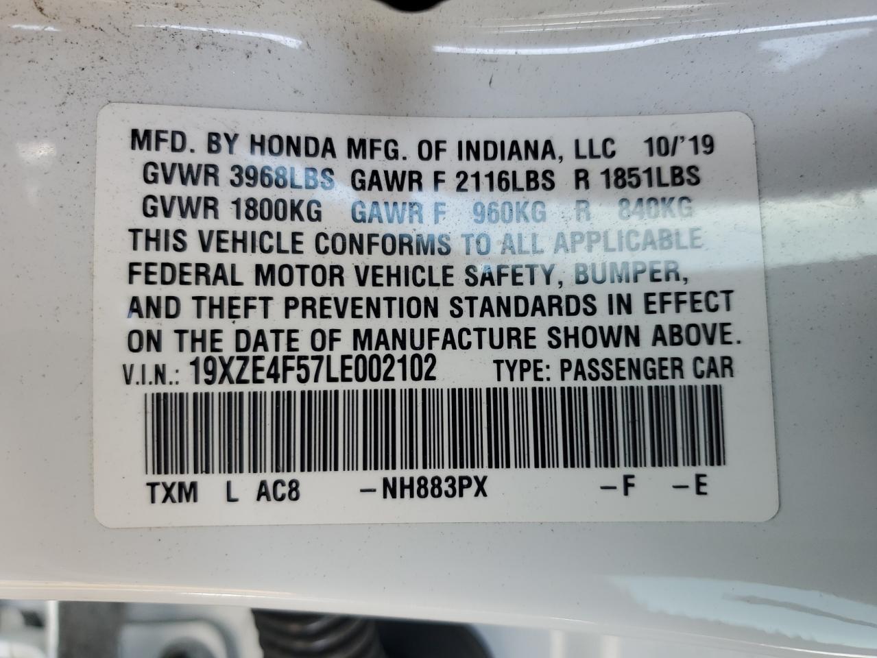 2020 Honda Insight Ex VIN: 19XZE4F57LE002102 Lot: 91411955