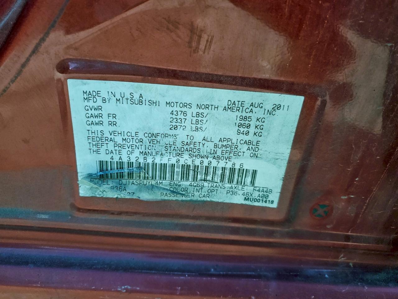 2012 Mitsubishi Galant Fe VIN: 4A32B2FF0CE007786 Lot: 94418825