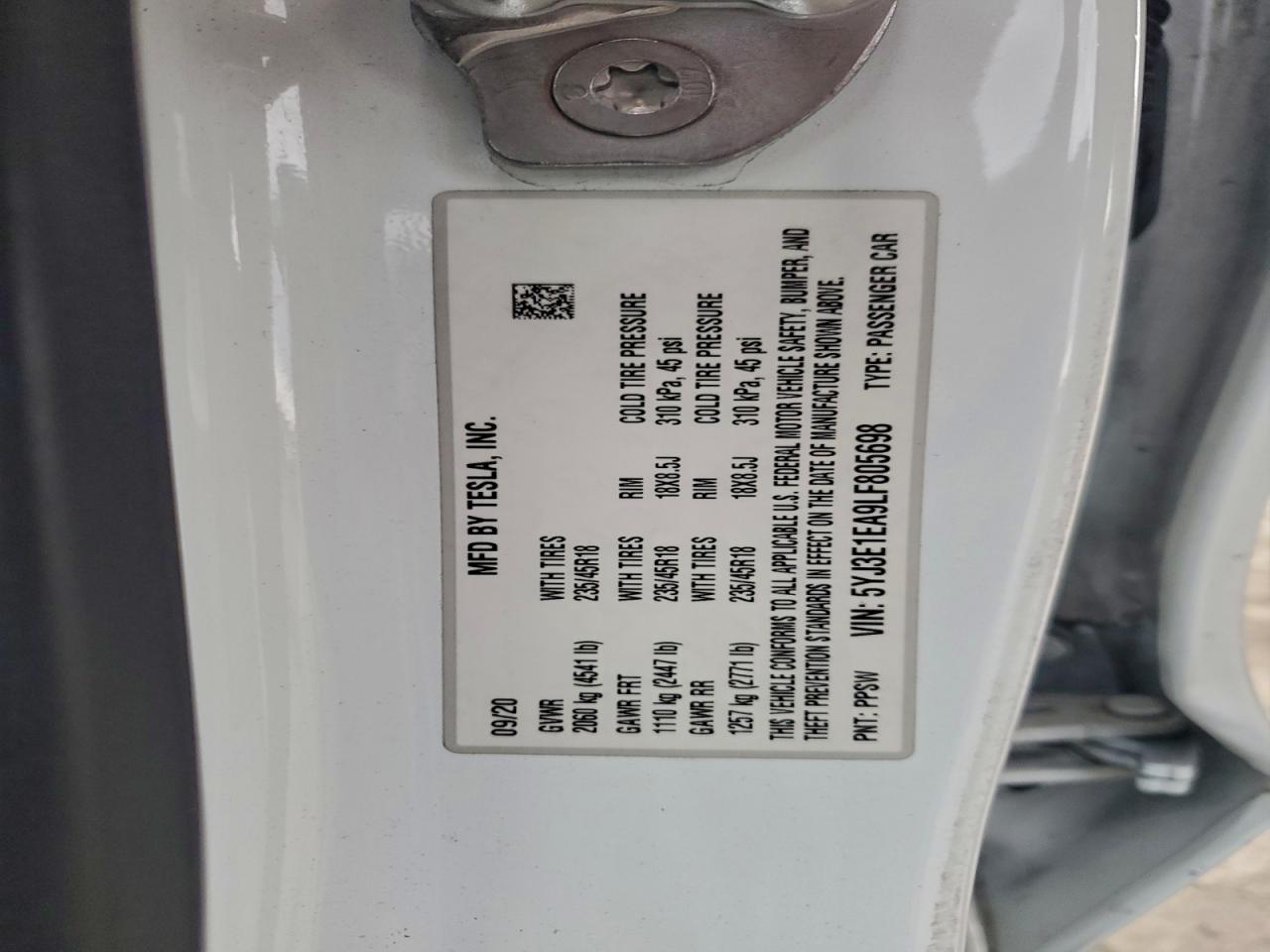 2020 Tesla Model 3 VIN: 5YJ3E1EA9LF805698 Lot: 94193105