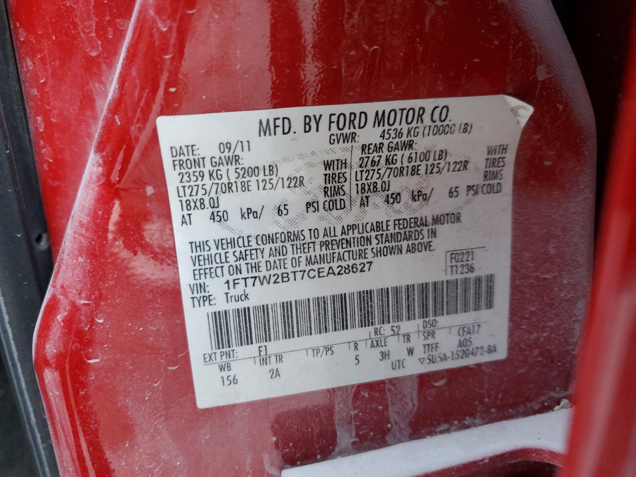 2012 Ford F250 Super Duty VIN: 1FT7W2BT7CEA28627 Lot: 91367725