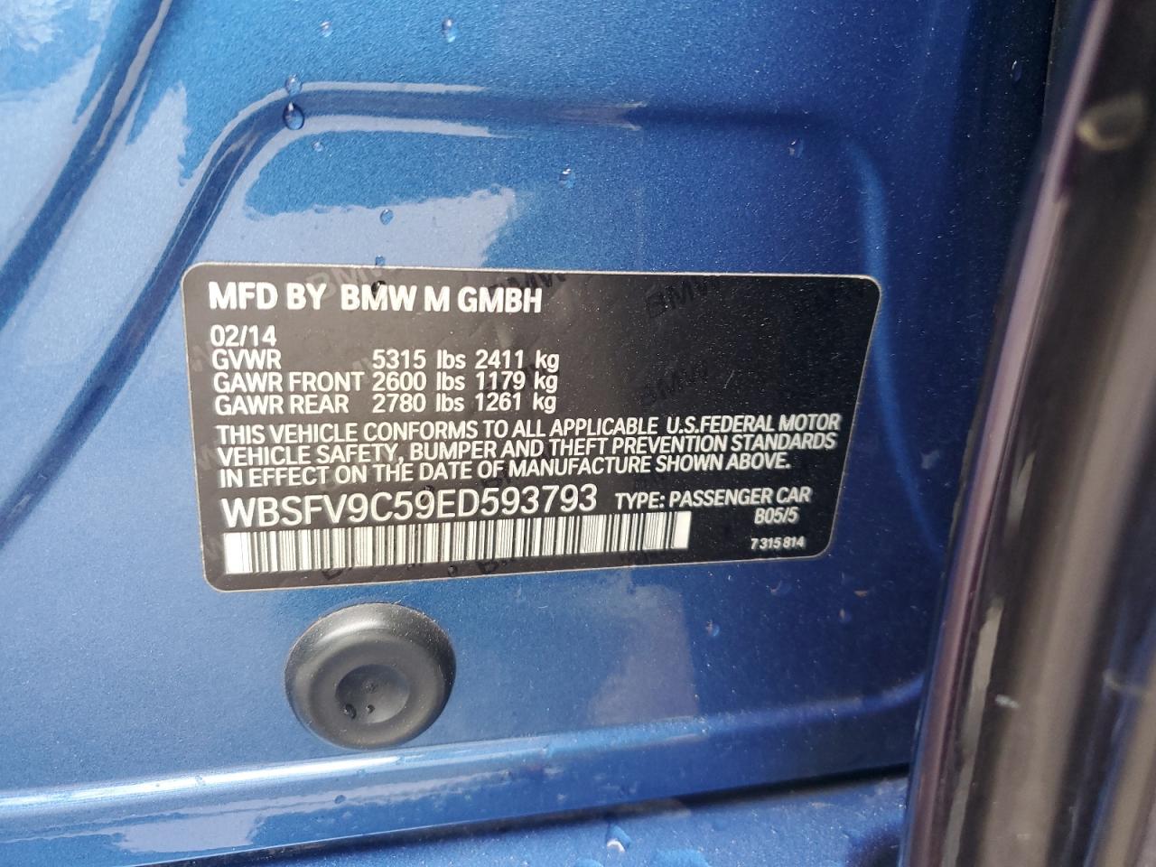 2014 BMW M5 VIN: WBSFV9C59ED593793 Lot: 92380575