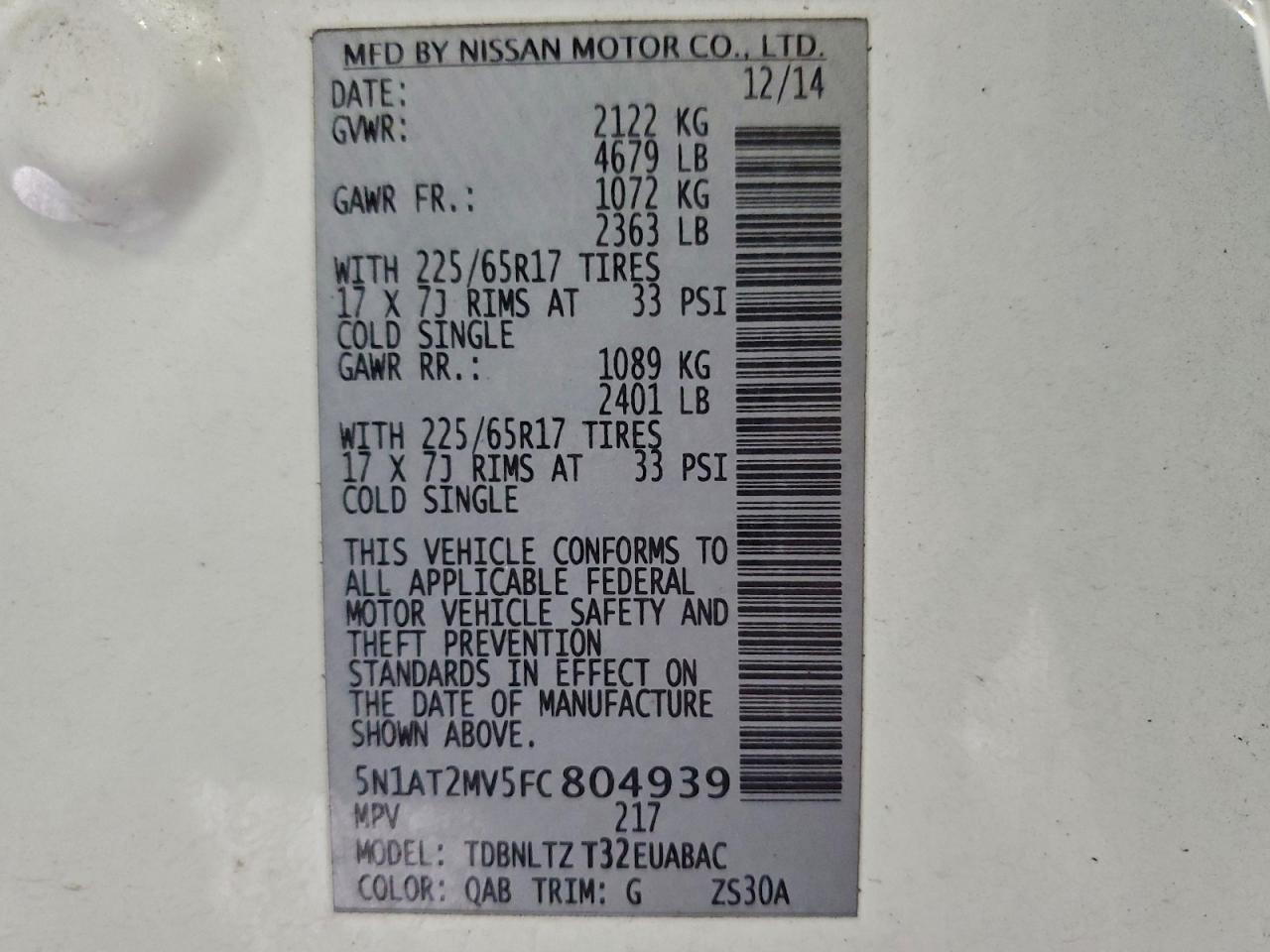 2015 Nissan Rogue S VIN: 5N1AT2MV5FC804939 Lot: 94479385