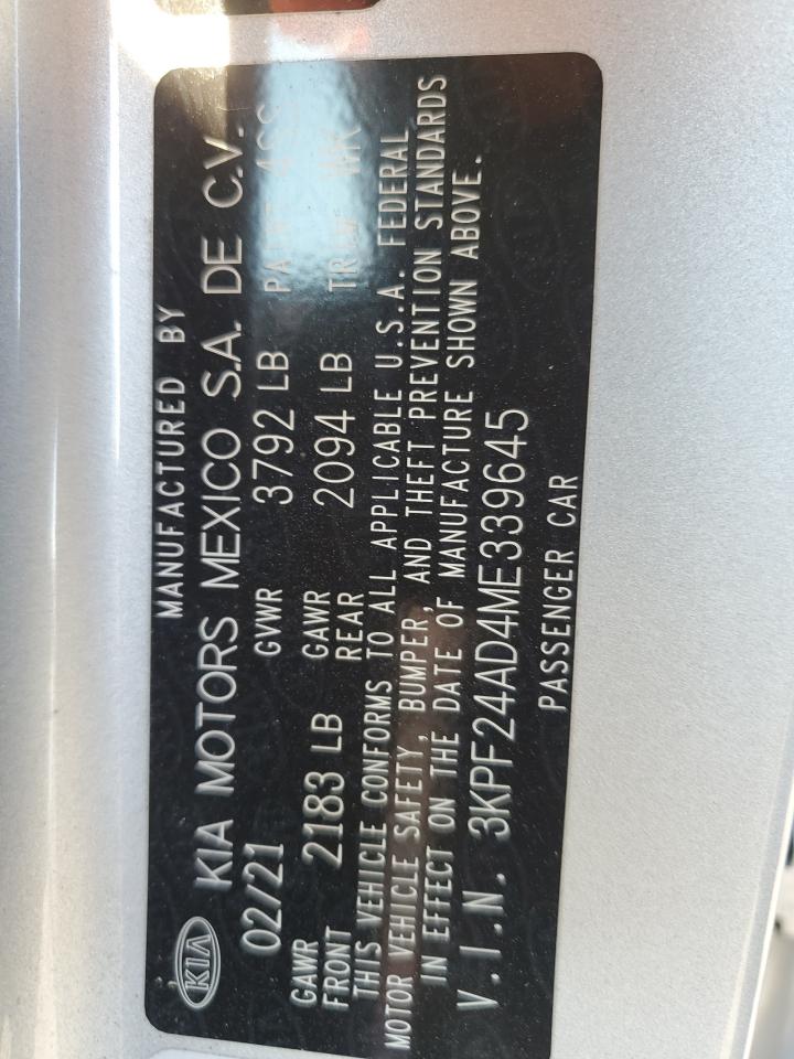 2021 Kia Forte Fe VIN: 3KPF24AD4ME339645 Lot: 90100605