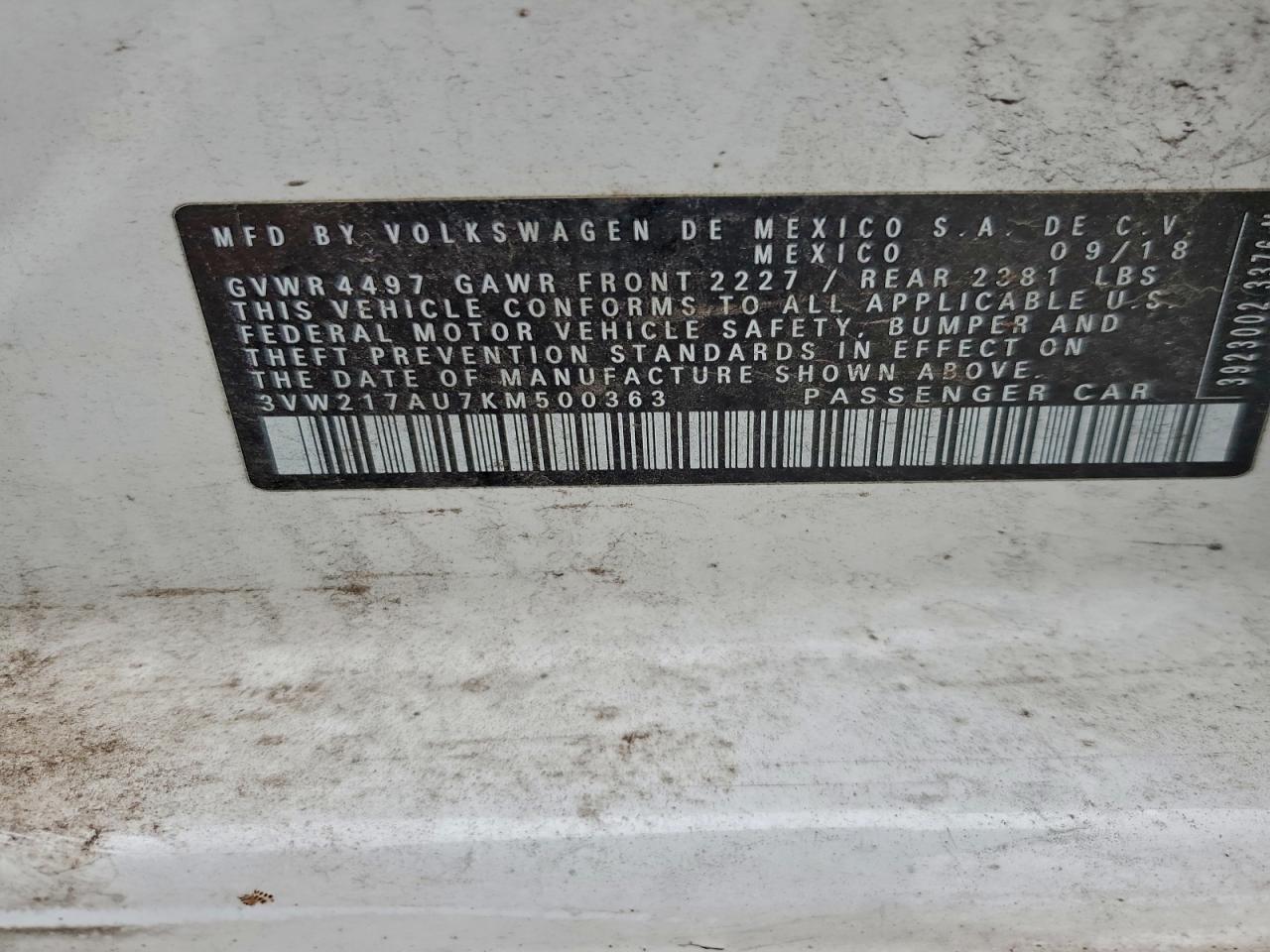 2019 Volkswagen Golf Sportwagen S VIN: 3VW217AU7KM500363 Lot: 94066865