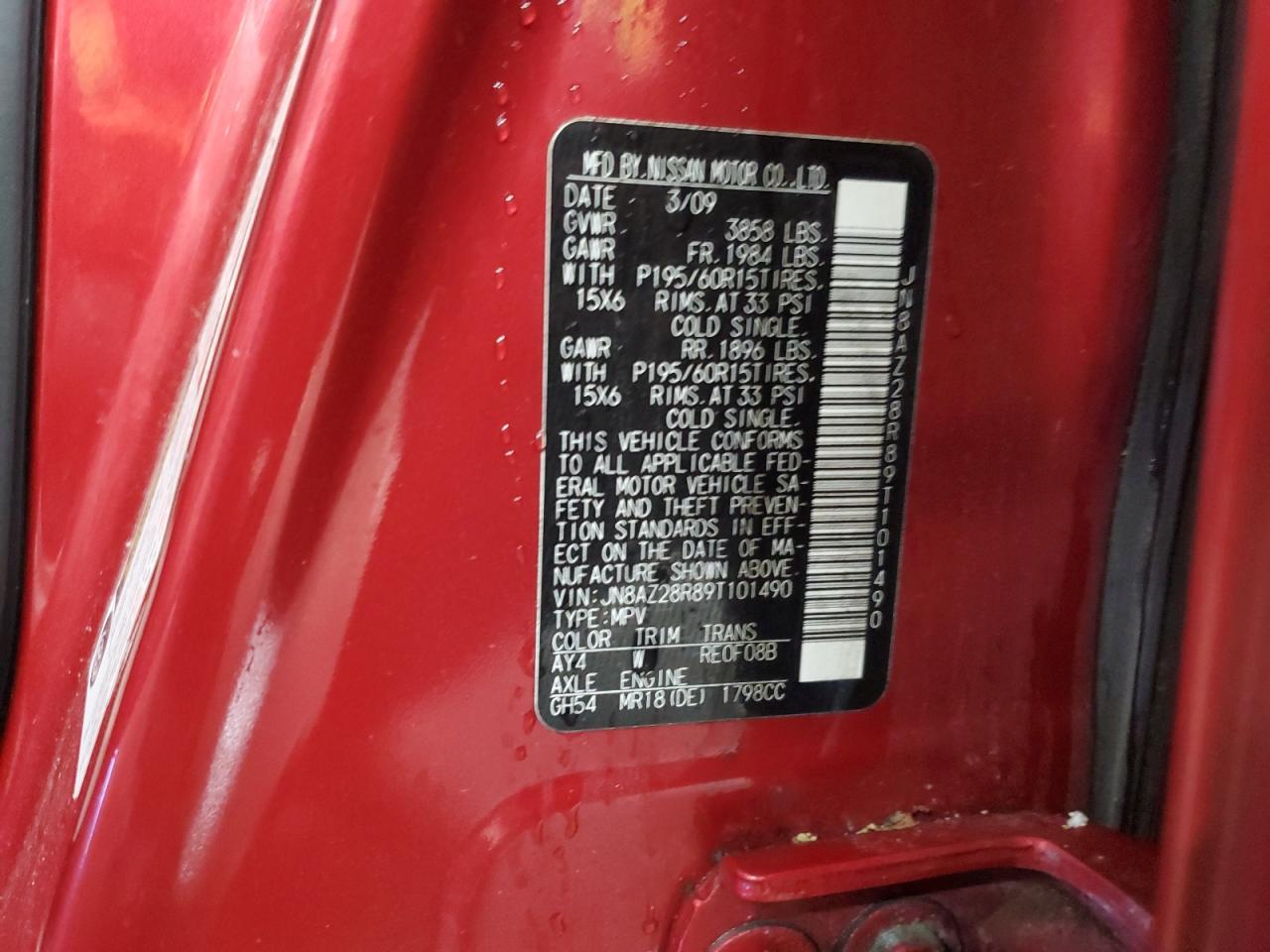 2009 Nissan Cube Base VIN: JN8AZ28R89T101490 Lot: 92015435