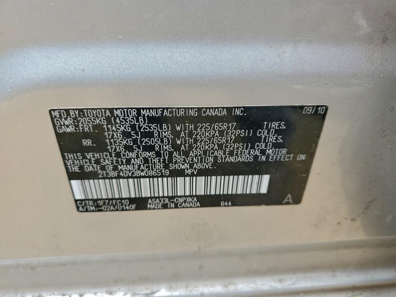 2011 Toyota Rav4 VIN: 2T3BF4DV3BW086519 Lot: 93465275