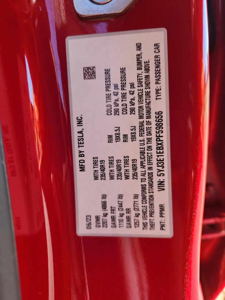 2023 Tesla Model 3 VIN: 5YJ3E1EBXPF598656 Lot: 91409075