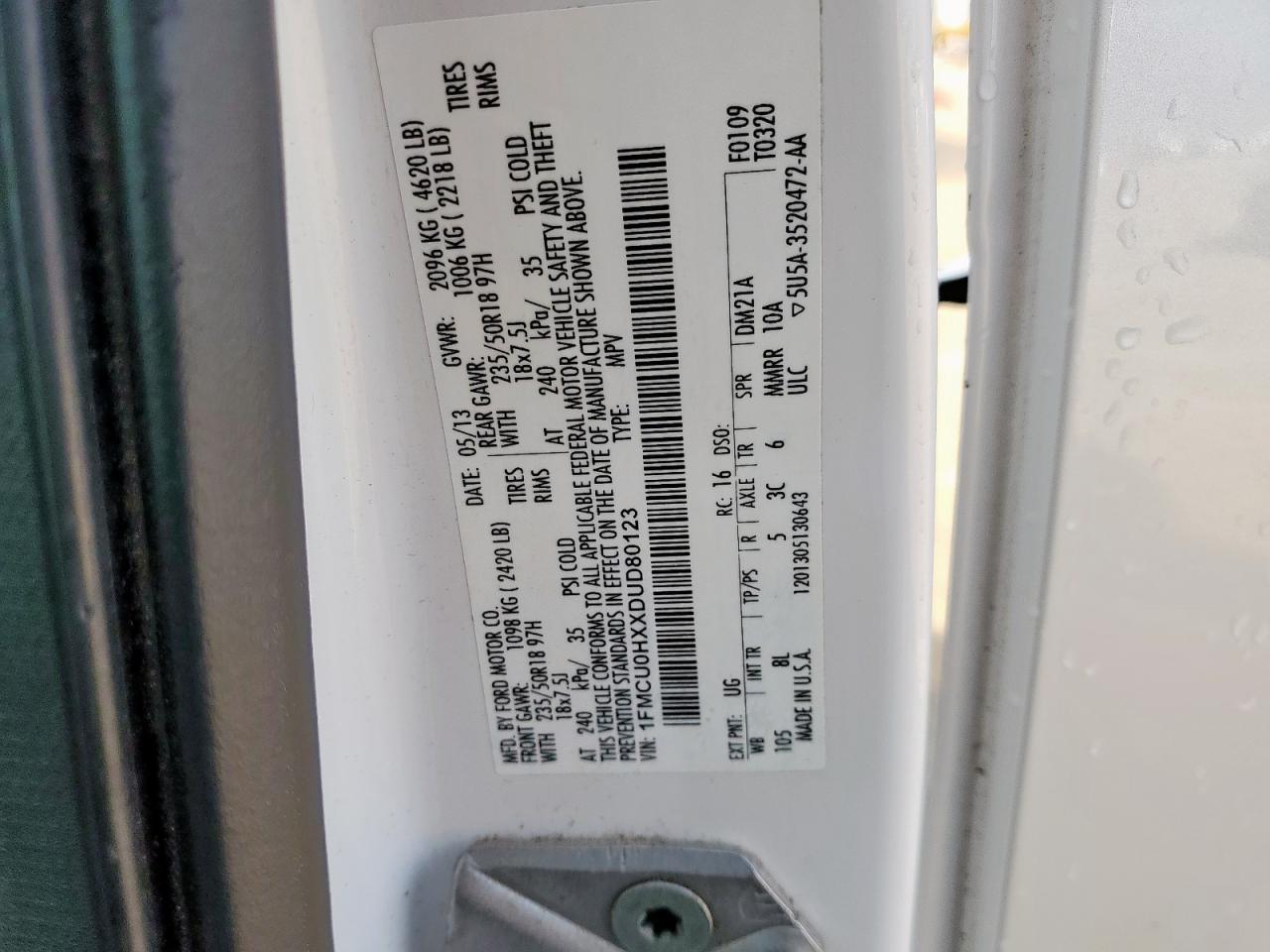 2013 Ford Escape Sel VIN: 1FMCU0HXXDUD80123 Lot: 93710265