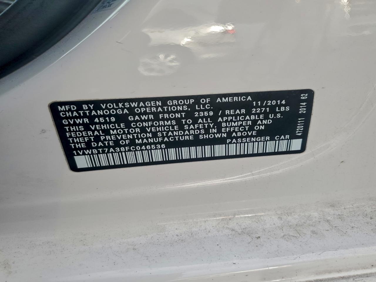 2015 Volkswagen Passat Se VIN: 1VWBT7A38FC046536 Lot: 94373905