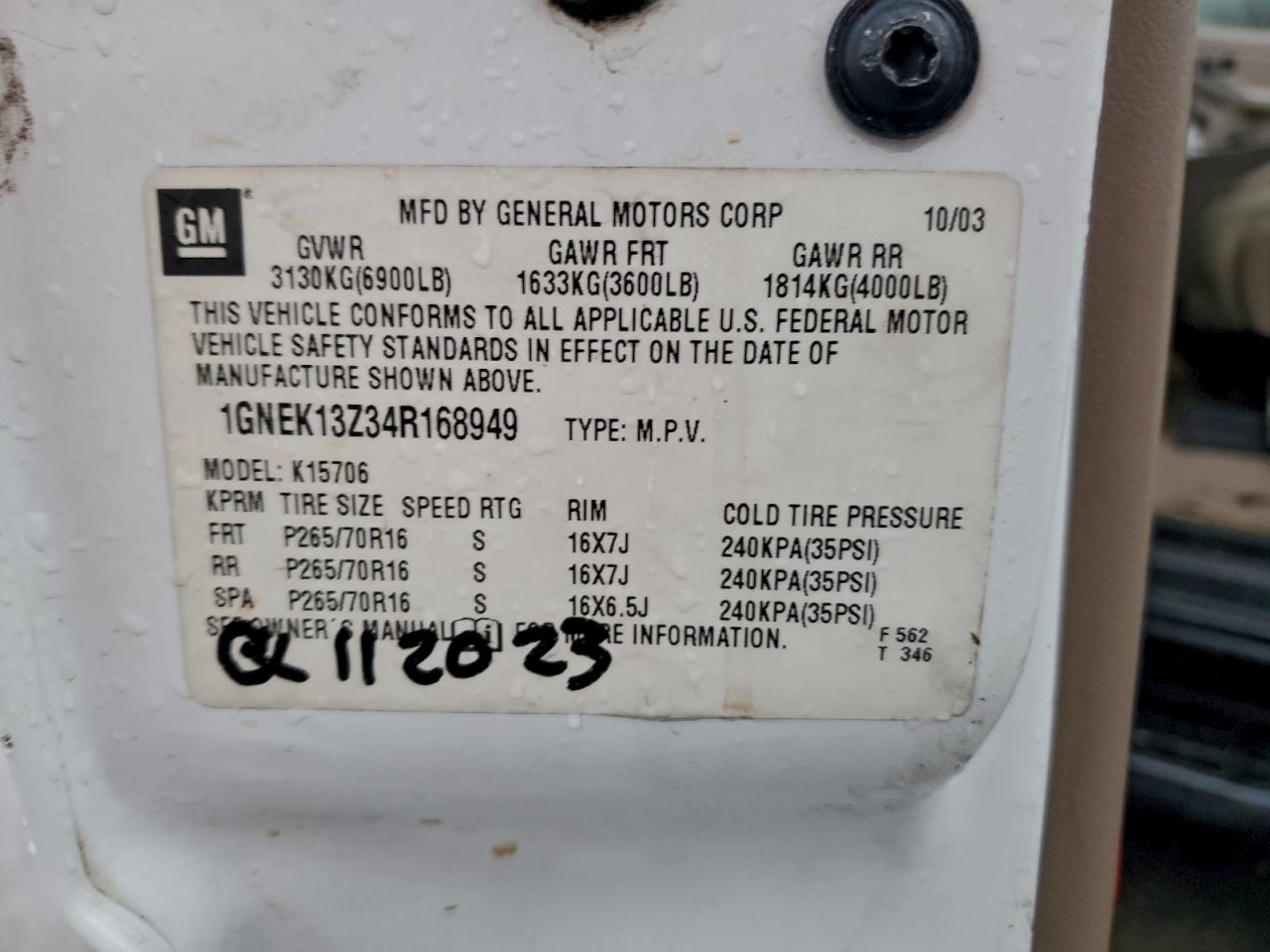 2004 Chevrolet Tahoe K1500 VIN: 1GNEK13Z34R168949 Lot: 92052195