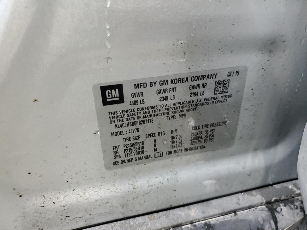 2015 Buick Encore Premium VIN: KL4CJHSB5FB267178 Lot: 92447305