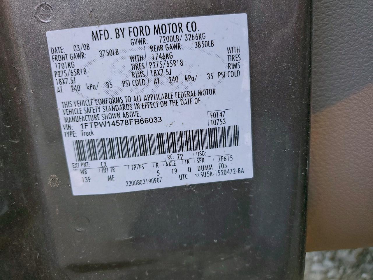 2008 Ford F150 Supercrew VIN: 1FTPW14578FB66033 Lot: 93854745