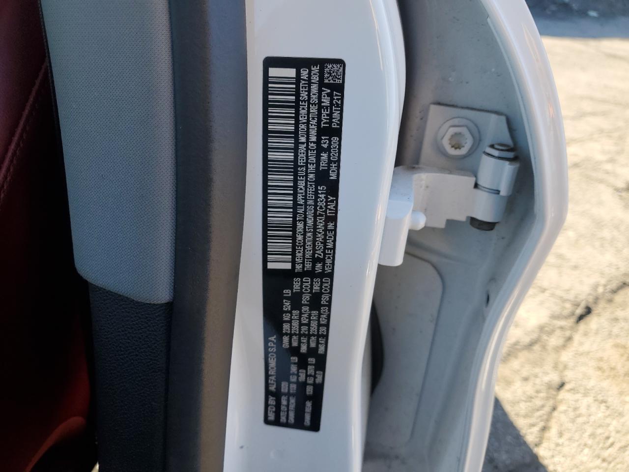 2020 Alfa Romeo Stelvio VIN: ZASPAKANXL7C83415 Lot: 91966355