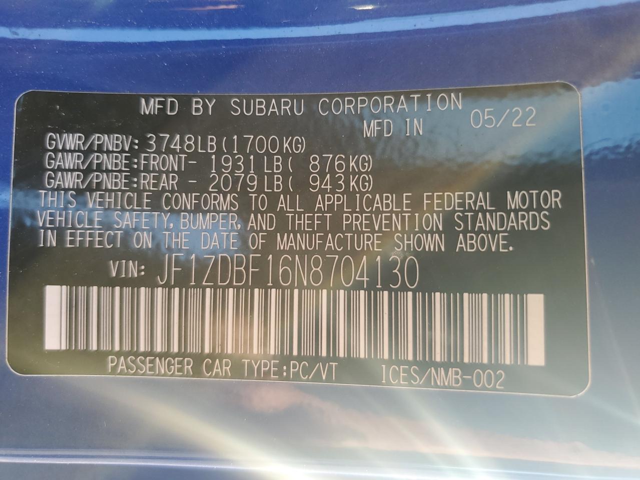 2022 Subaru Brz Limited VIN: JF1ZDBF16N8704130 Lot: 91472735