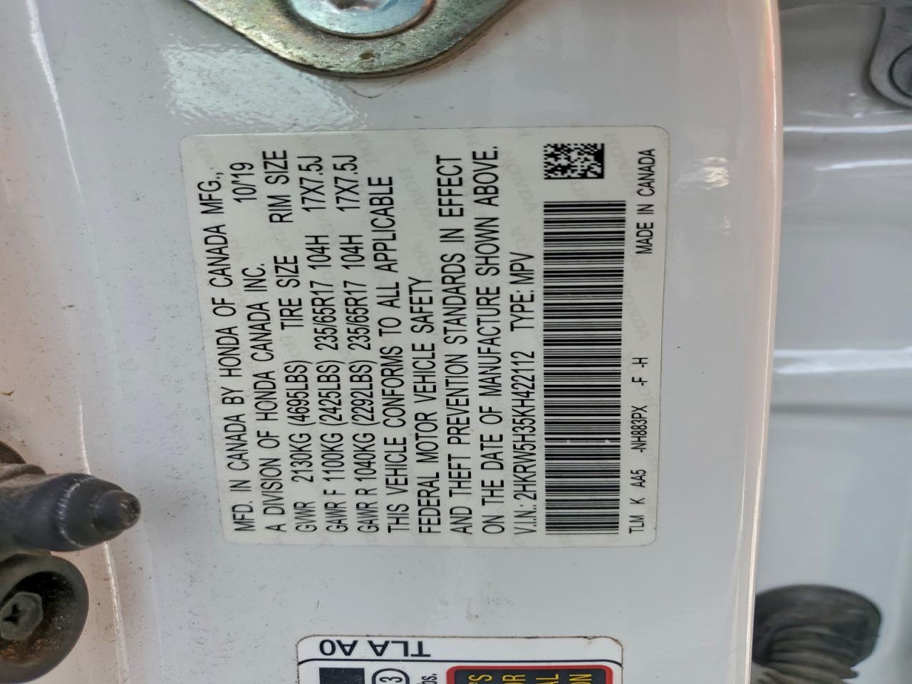 2019 Honda Cr-V Lx VIN: 2HKRW5H35KH422112 Lot: 94036455