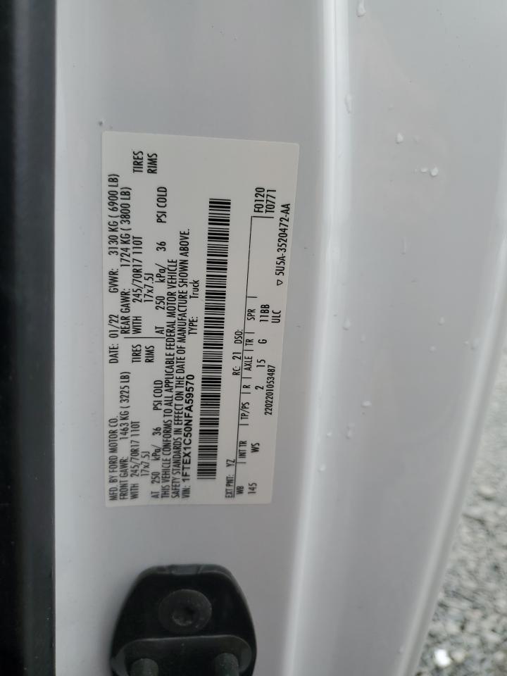 2022 Ford F150 Super Cab VIN: 1FTEX1C50NFA59570 Lot: 91007335