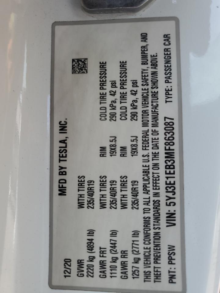 2021 Tesla Model 3 VIN: 5YJ3E1EB3MF863087 Lot: 92395535