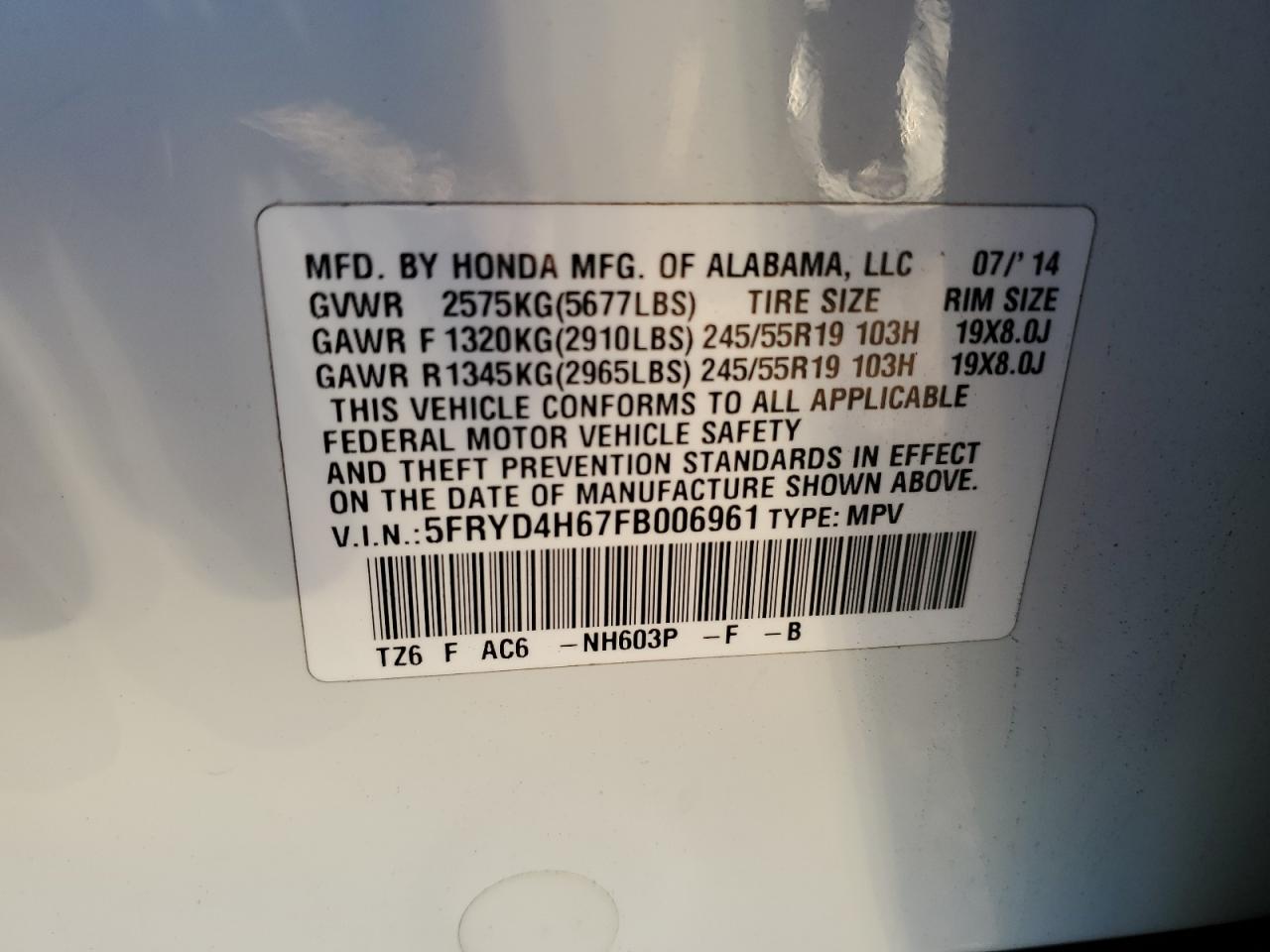 2015 Acura Mdx Technology VIN: 5FRYD4H67FB006961 Lot: 82611335