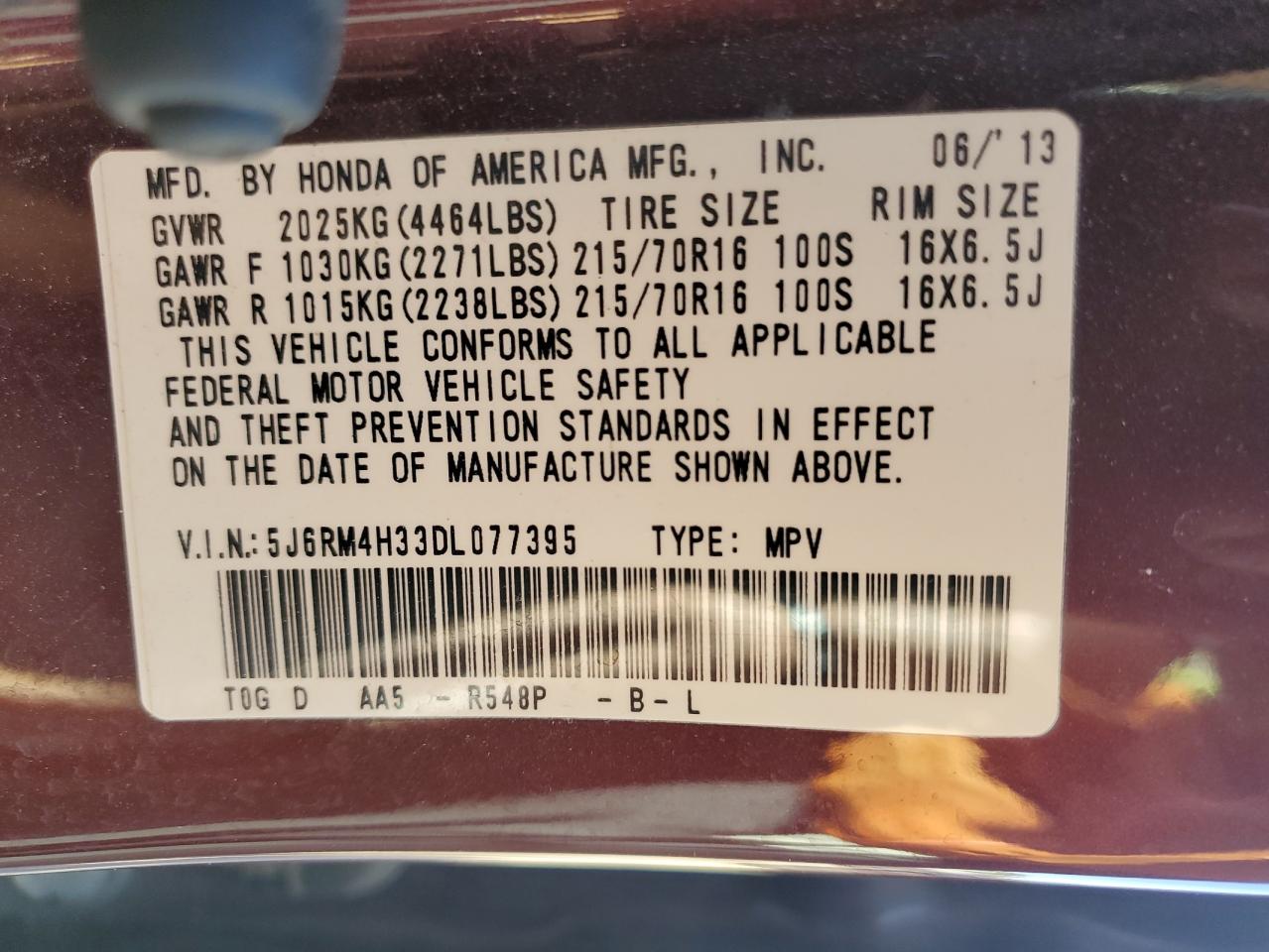 2013 Honda Cr-V Lx VIN: 5J6RM4H33DL077395 Lot: 91522555