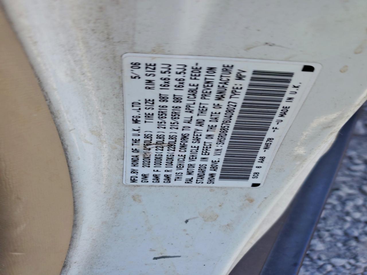 2006 Honda Cr-V Lx VIN: SHSRD68576U408027 Lot: 91466095