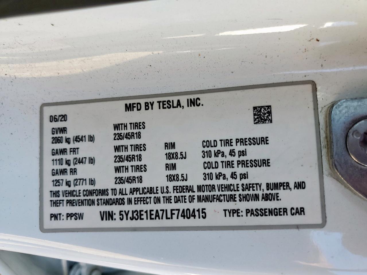 2020 Tesla Model 3 VIN: 5YJ3E1EA7LF740415 Lot: 91687025