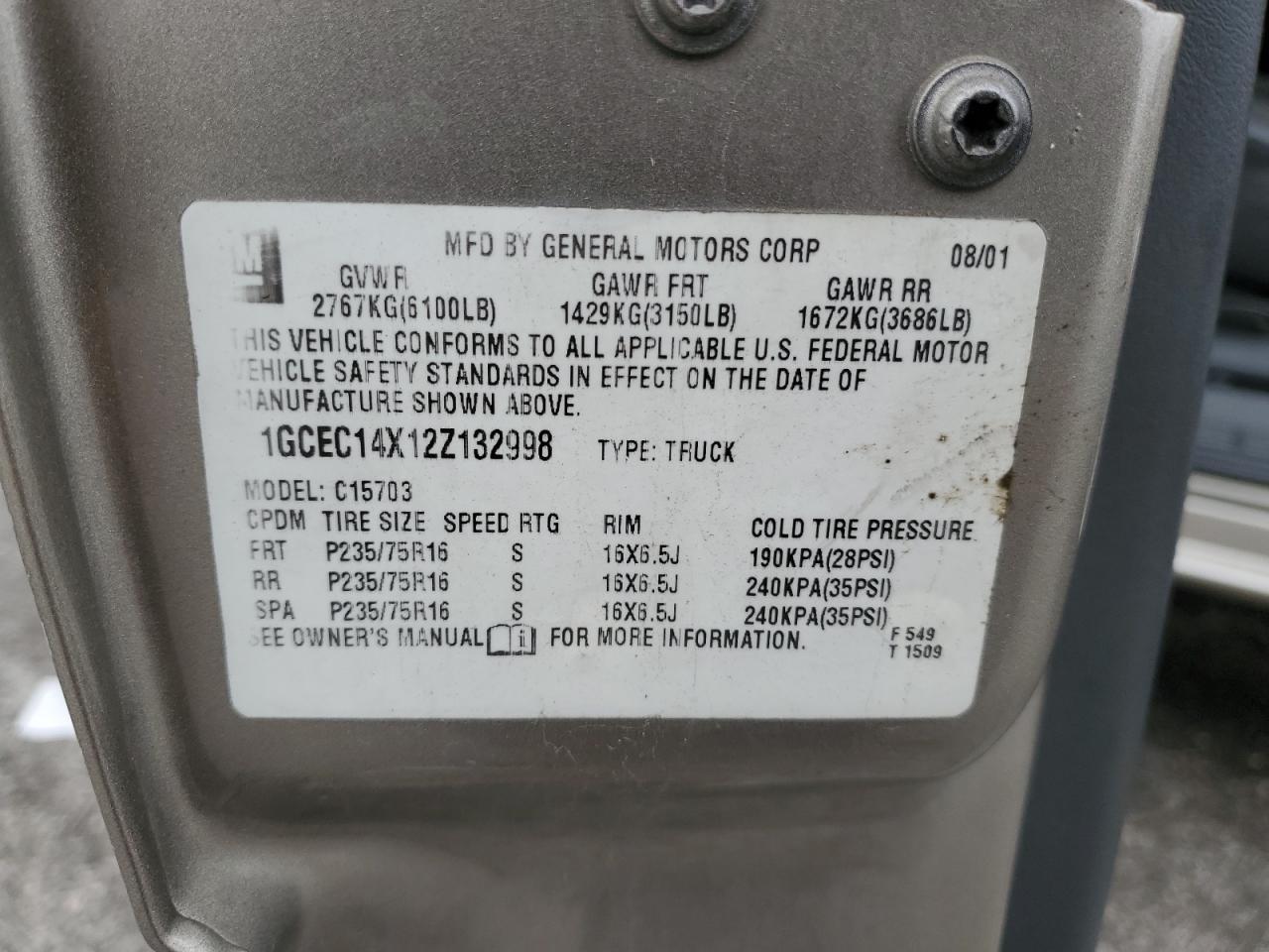 2002 Chevrolet Silverado C1500 VIN: 1GCEC14X12Z132998 Lot: 89694315