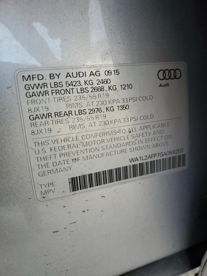 2016 Audi Q5 Premium Plus VIN: WA1L2AFP7GA059207 Lot: 89798465