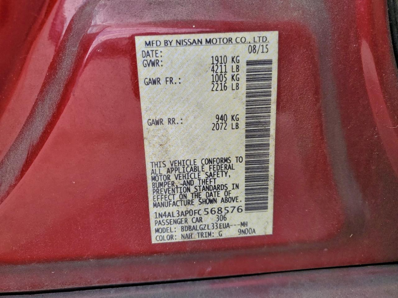 2015 Nissan Altima 2.5 VIN: 1N4AL3AP0FC568576 Lot: 93992705