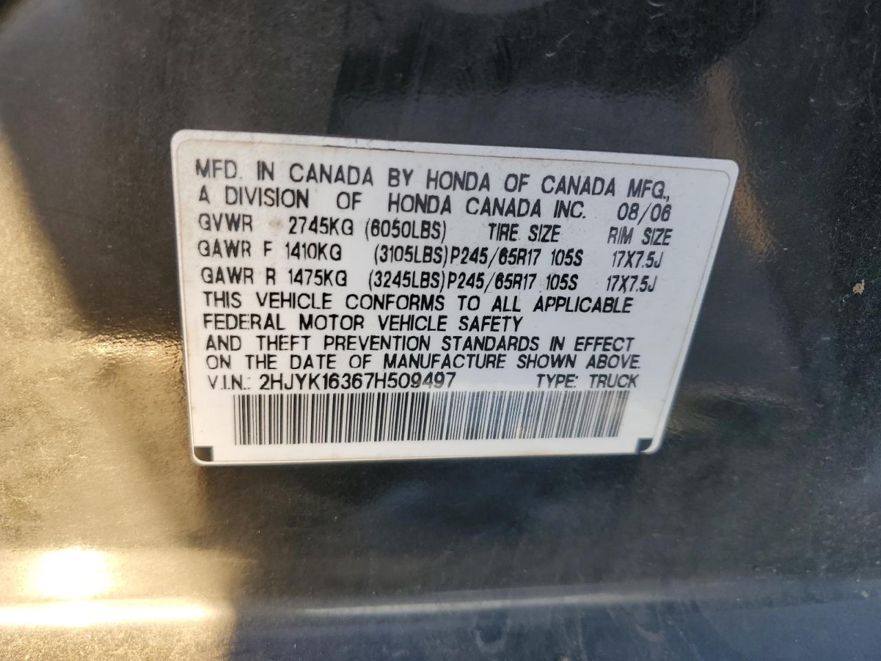 2007 Honda Ridgeline Rtx VIN: 2HJYK16367H509497 Lot: 91689665