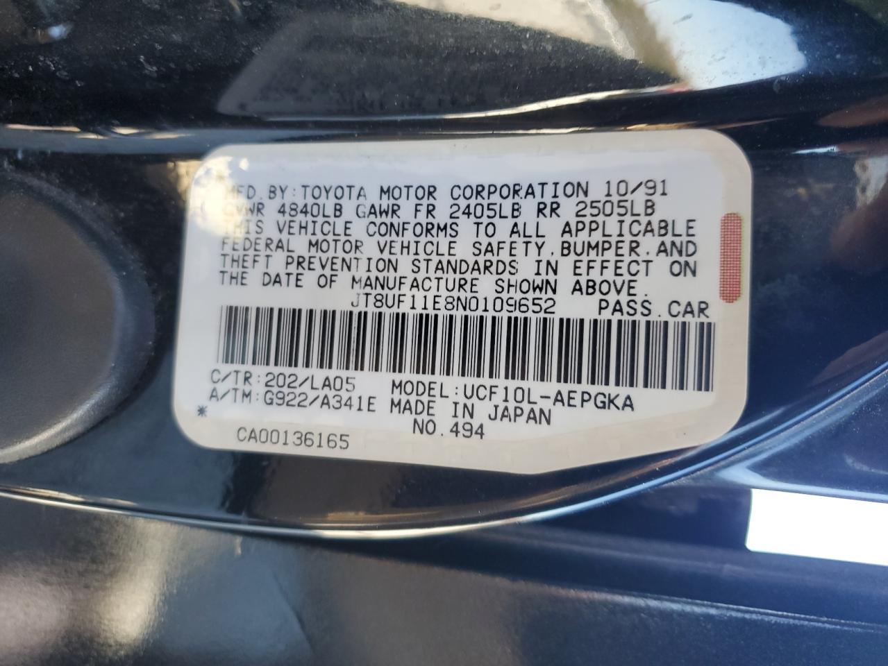 1992 Lexus Ls 400 VIN: JT8UF11E8N0109652 Lot: 92362685