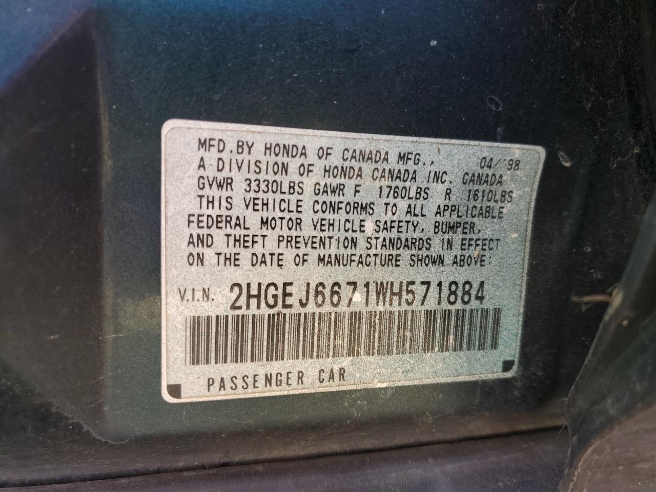1998 Honda Civic Lx VIN: 2HGEJ6671WH571884 Lot: 91692915
