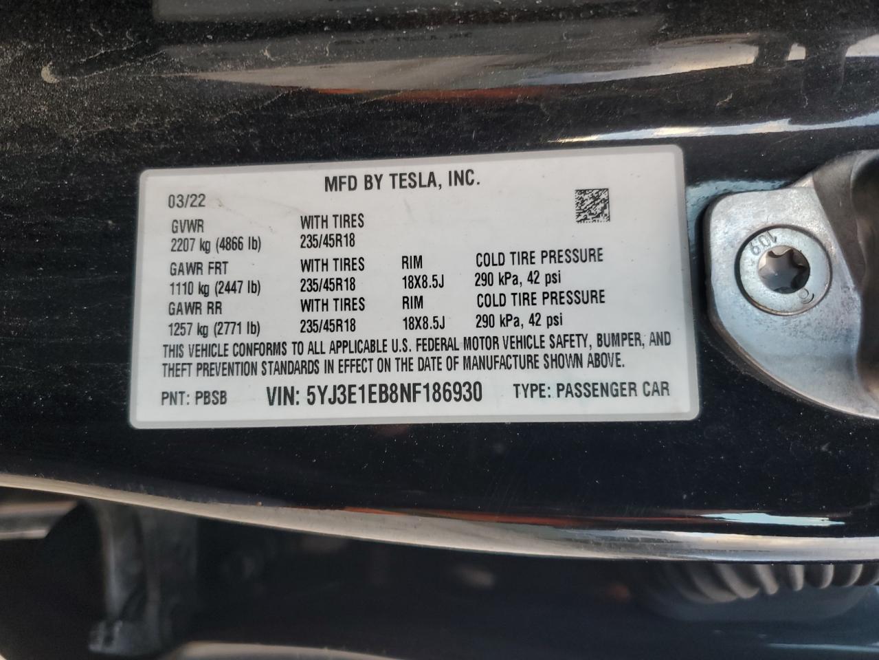 2022 Tesla Model 3 VIN: 5YJ3E1EB8NF186930 Lot: 93179575