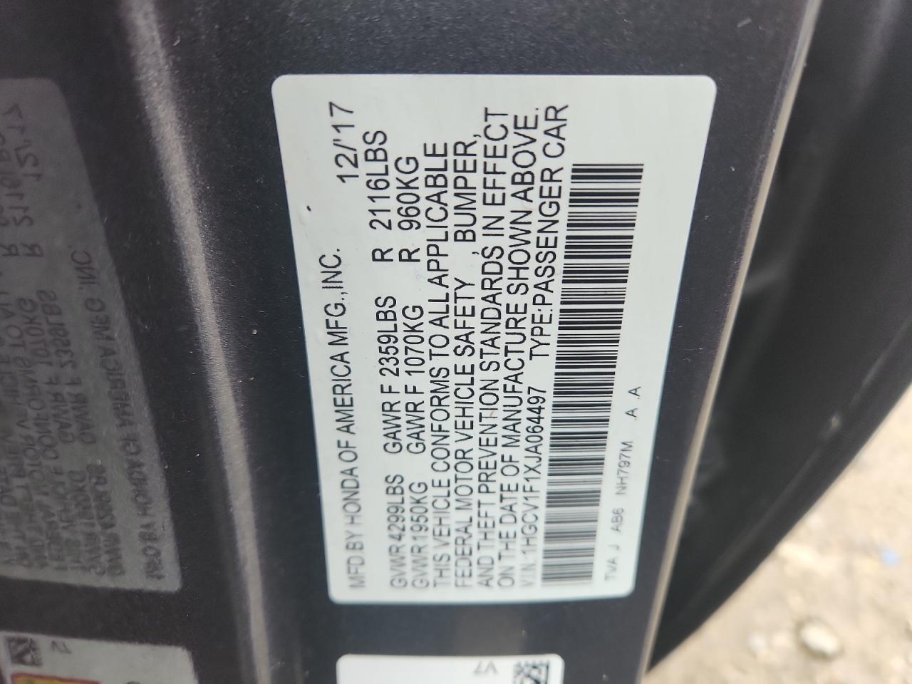 2018 Honda Accord Lx VIN: 1HGCV1F1XJA064497 Lot: 92747825