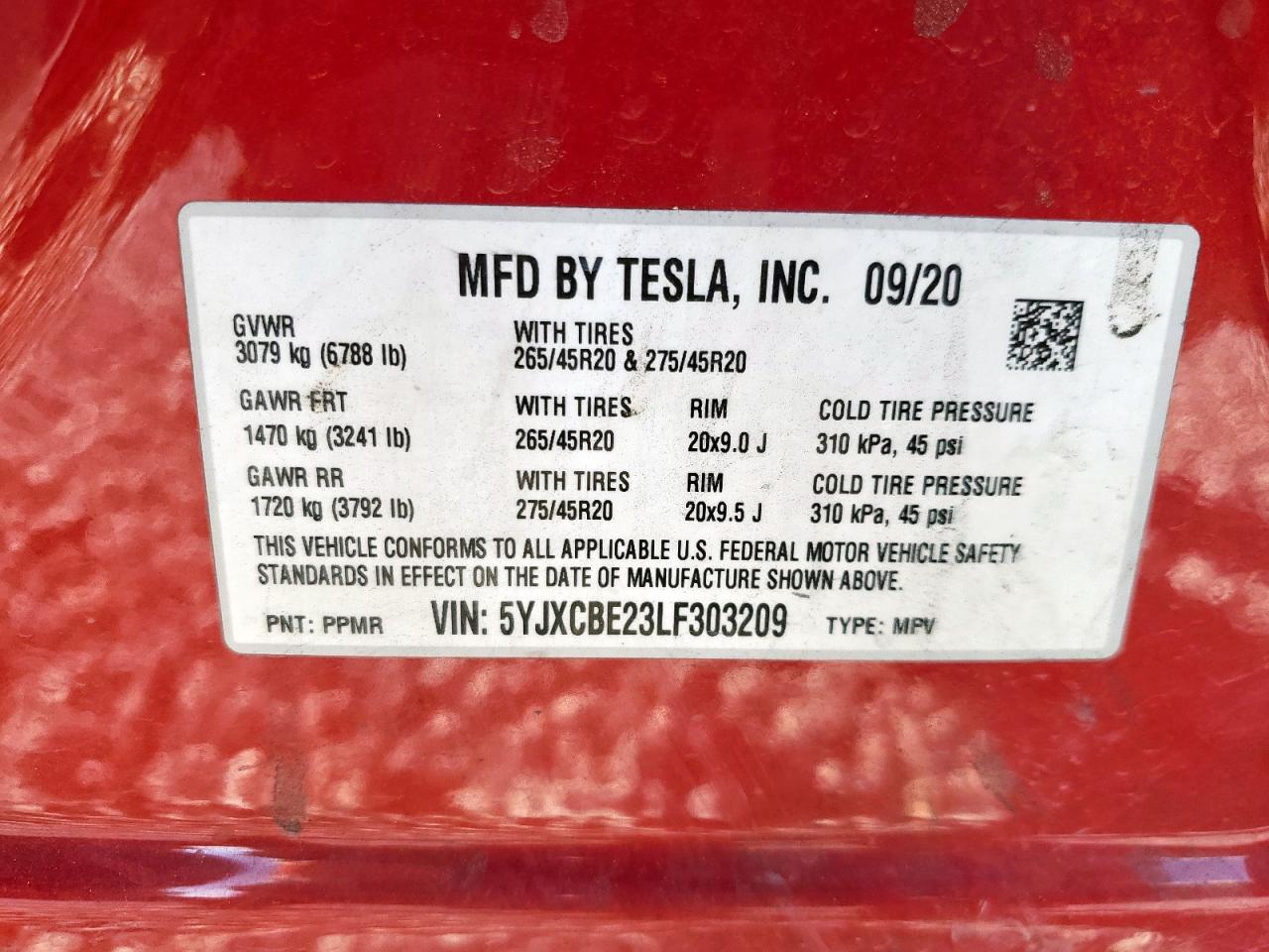 2020 Tesla Model X VIN: 5YJXCBE23LF303209 Lot: 90436115