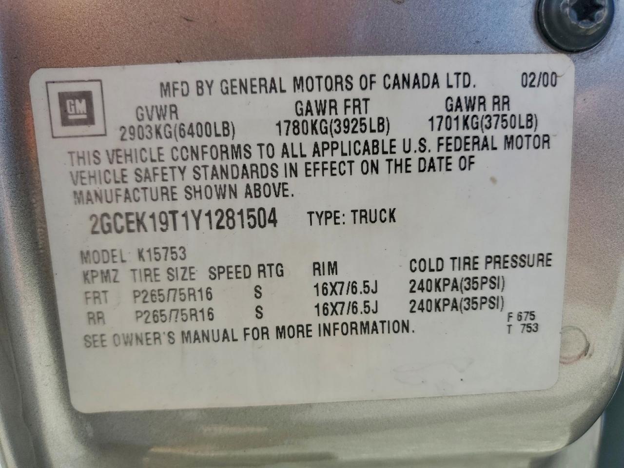 2000 Chevrolet Silverado K1500 VIN: 2GCEK19T1Y1281504 Lot: 94128735