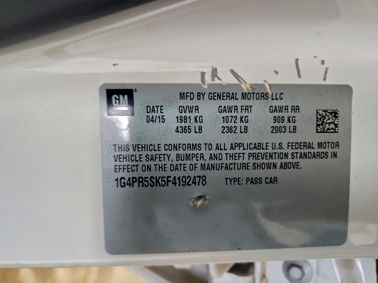 2015 Buick Verano Convenience VIN: 1G4PR5SK5F4192478 Lot: 93878615