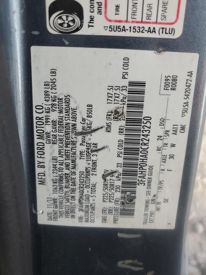 2012 Ford Fusion Se VIN: 3FAHP0HA0CR243250 Lot: 92817455