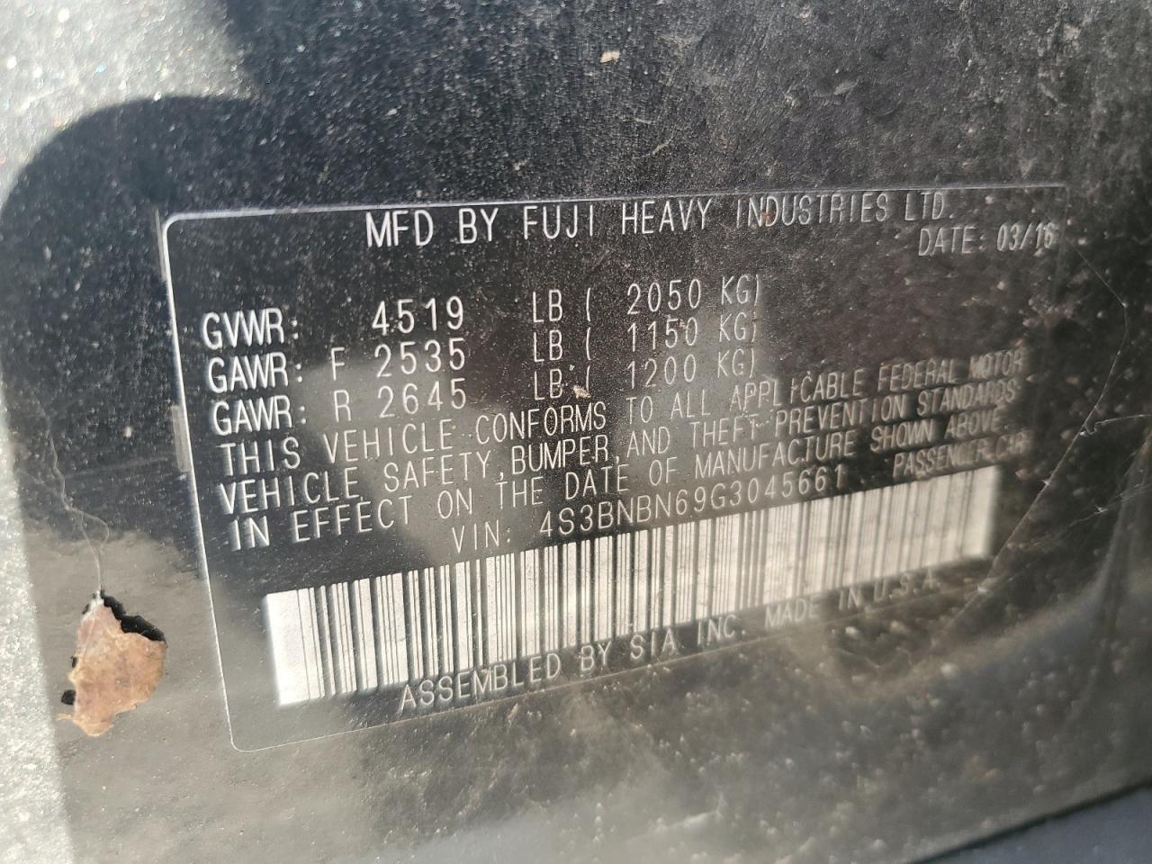 2016 Subaru Legacy 2.5I Limited VIN: 4S3BNBN69G3045661 Lot: 91468955