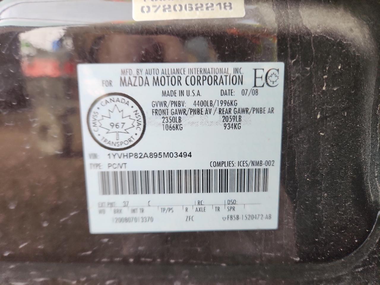 2009 Mazda 6 I VIN: 1YVHP82A895M03494 Lot: 86852815