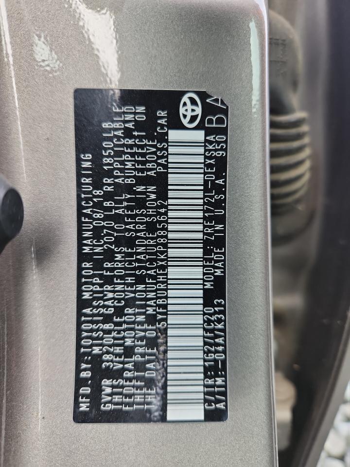 2019 Toyota Corolla L VIN: 5YFBURHEXKP885642 Lot: 92730275