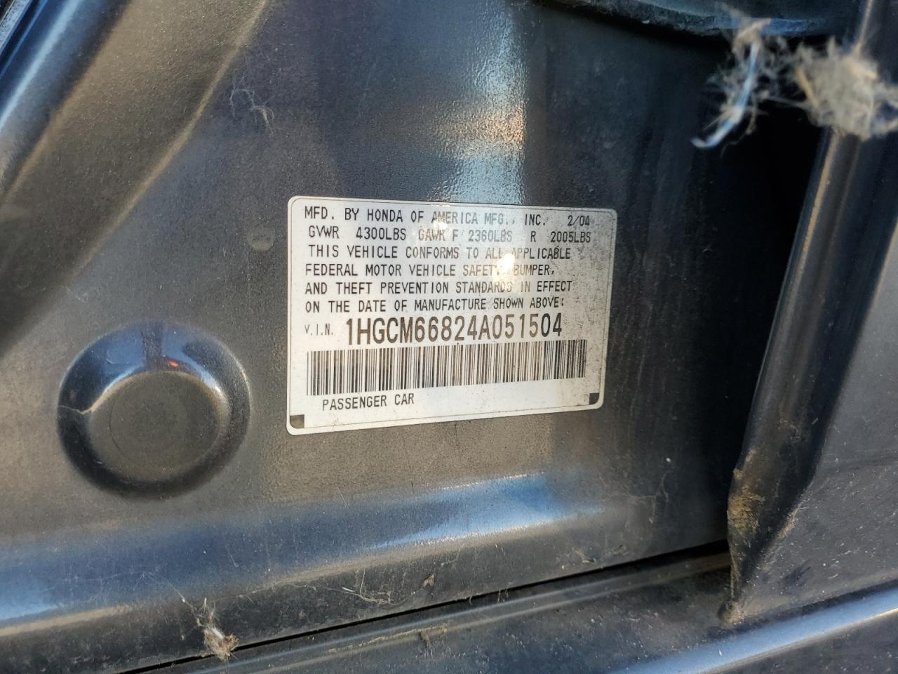 2004 Honda Accord Ex VIN: 1HGCM66824A051504 Lot: 91514115