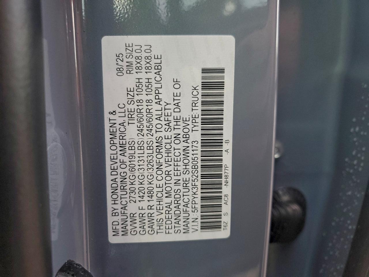 2025 Honda Ridgeline Rtl VIN: 5FPYK3F52SB051173 Lot: 94640795