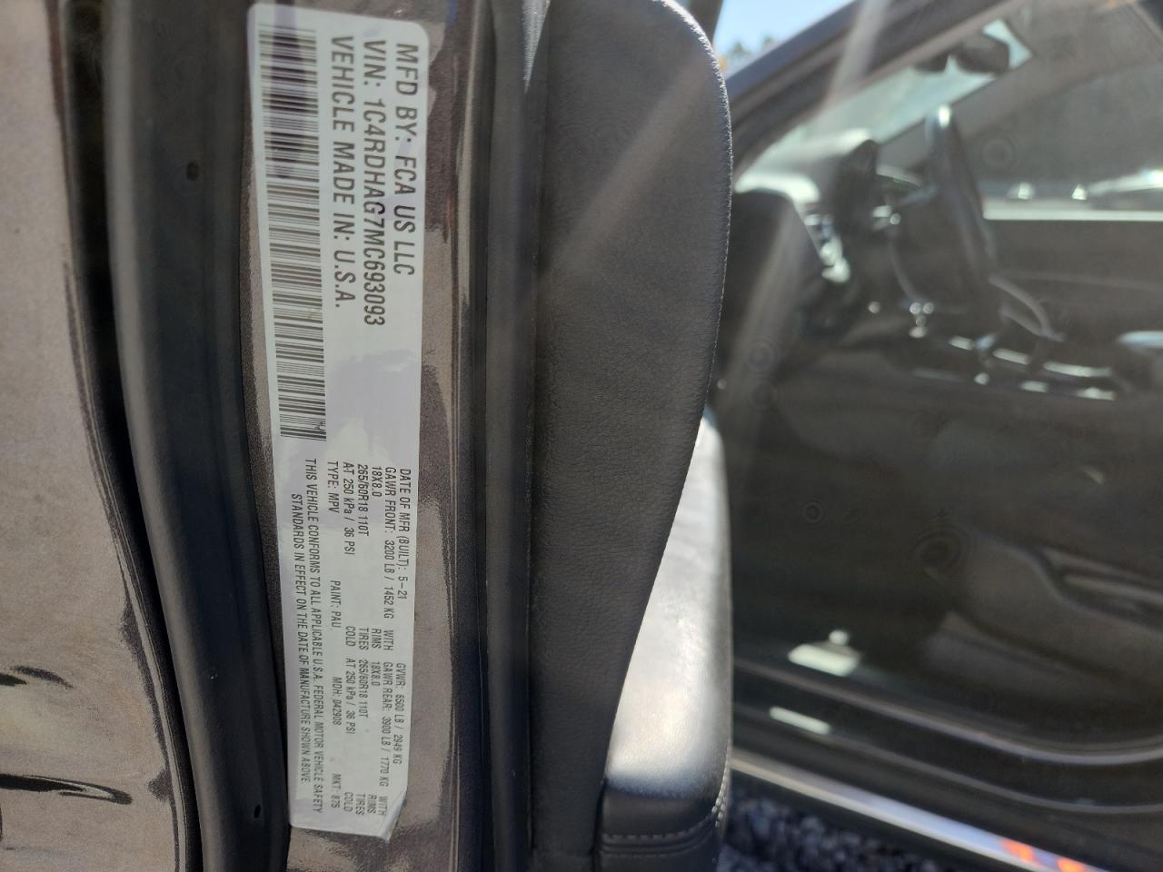 2021 Dodge Durango Sxt VIN: 1C4RDHAG7MC693093 Lot: 91599455