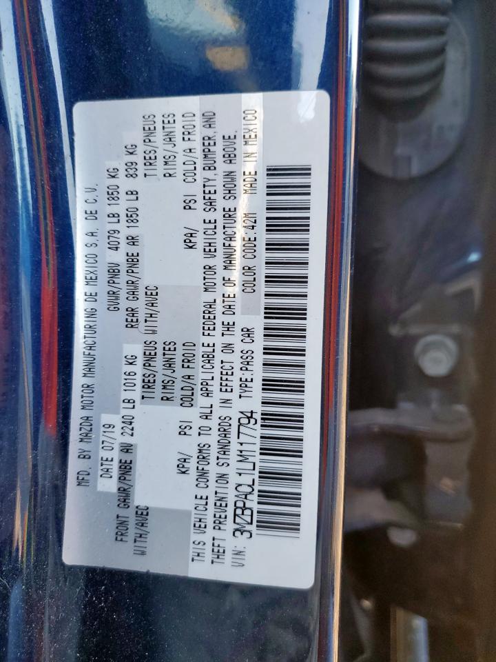2020 Mazda 3 Select VIN: 3MZBPACL1LM117794 Lot: 92408615