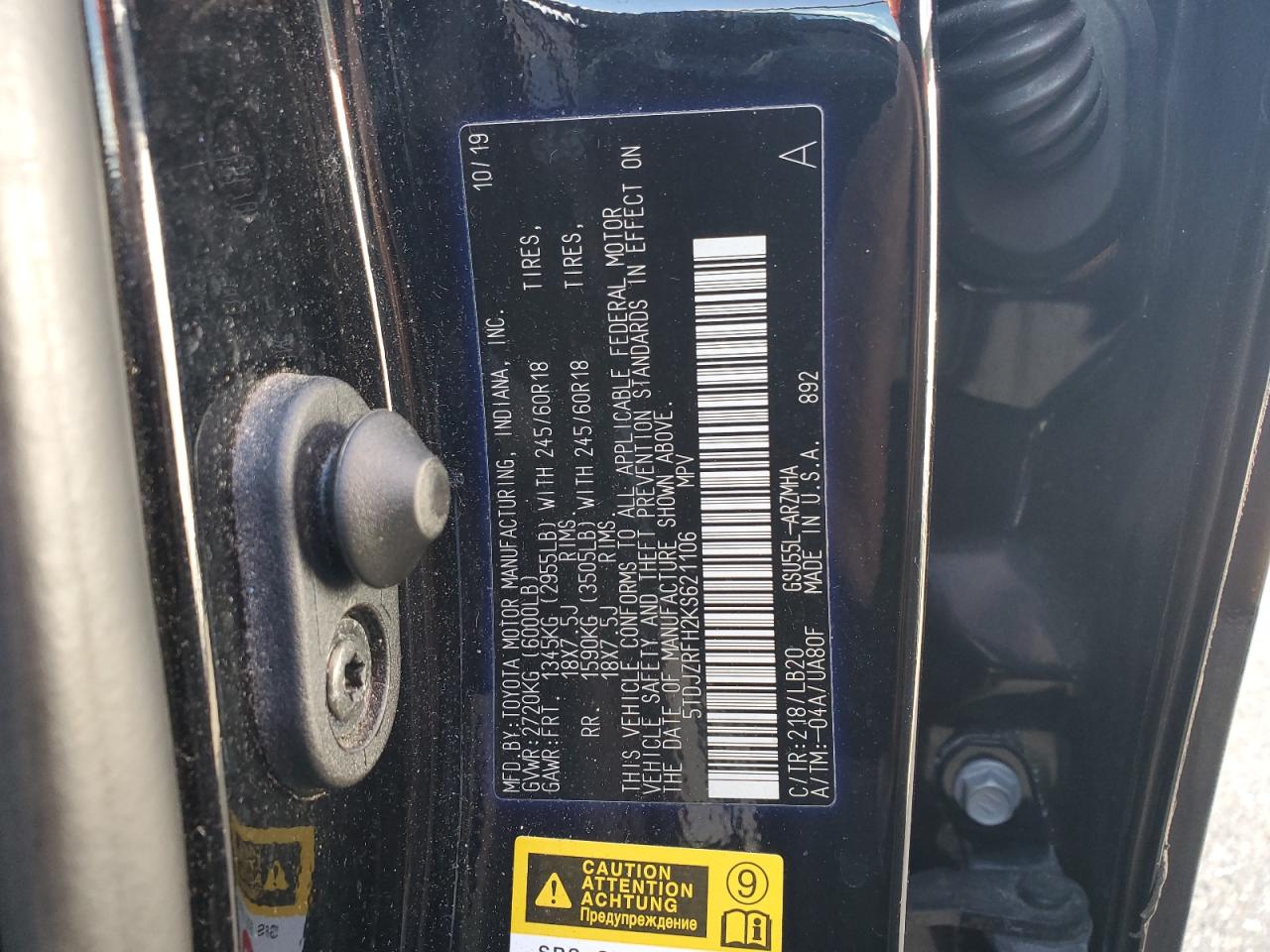 2019 Toyota Highlander Se VIN: 5TDJZRFH2KS621106 Lot: 91936825