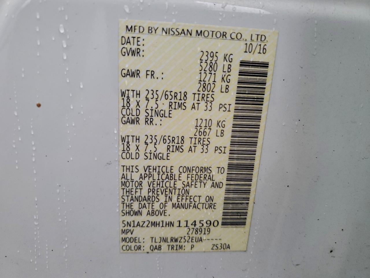 2017 Nissan Murano S VIN: 5N1AZ2MH1HN114590 Lot: 94035185