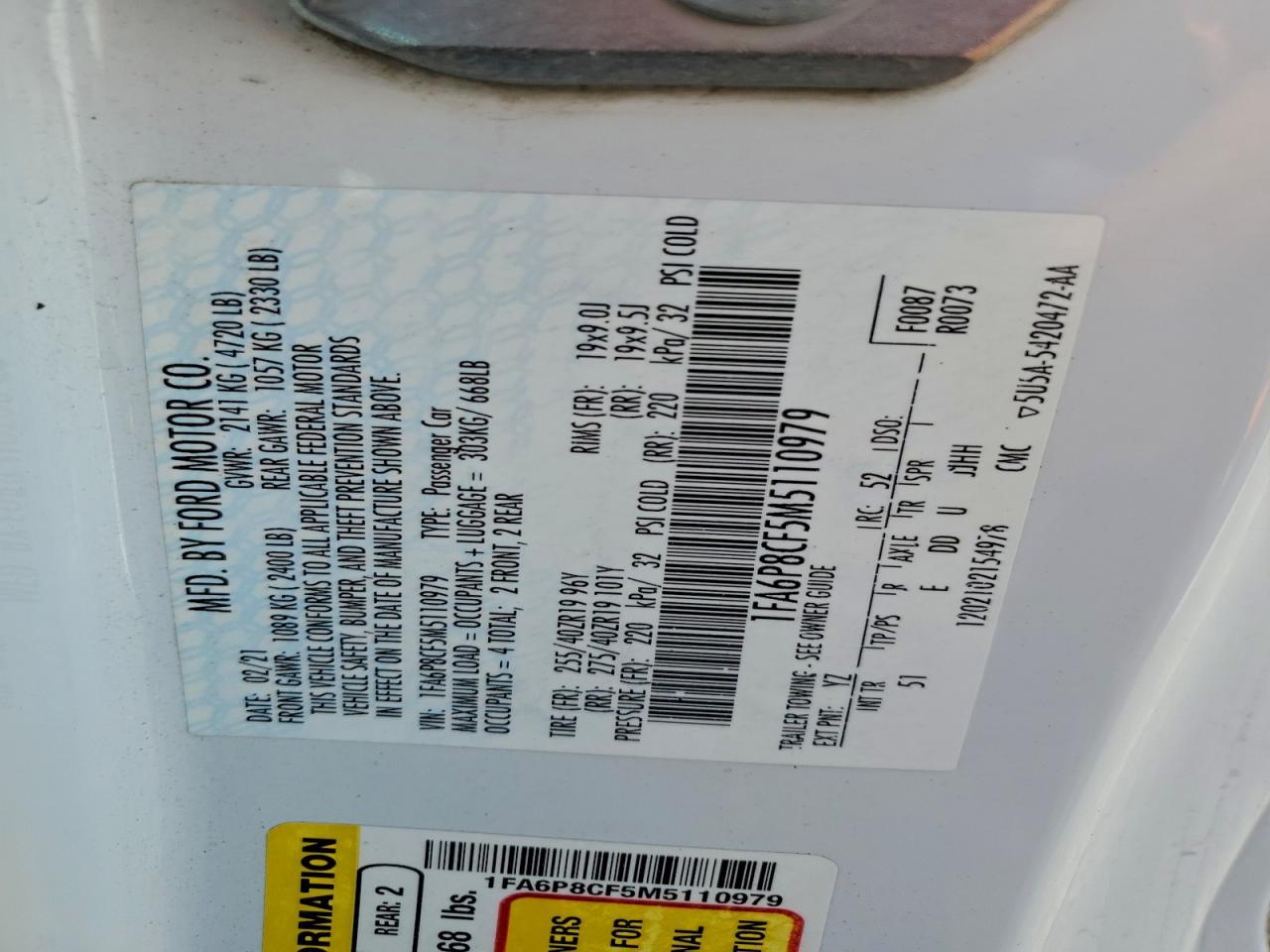 2021 Ford Mustang Gt VIN: 1FA6P8CF5M5110979 Lot: 93891145