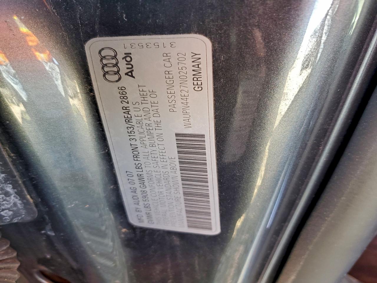 2007 Audi S8 Quattro VIN: WAUPN44E27N025702 Lot: 92922455