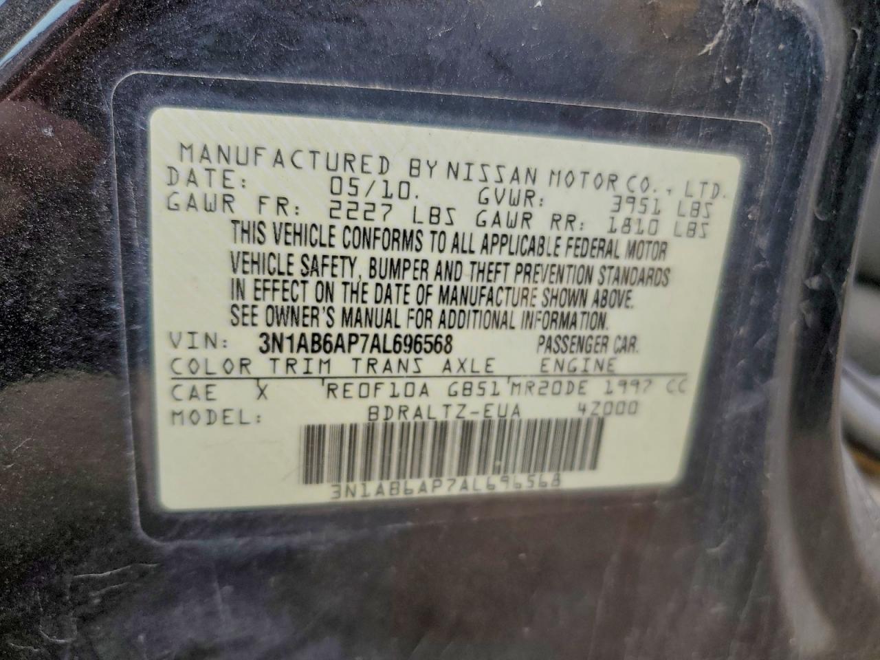 2010 Nissan Sentra 2.0 VIN: 3N1AB6AP7AL696568 Lot: 93858415