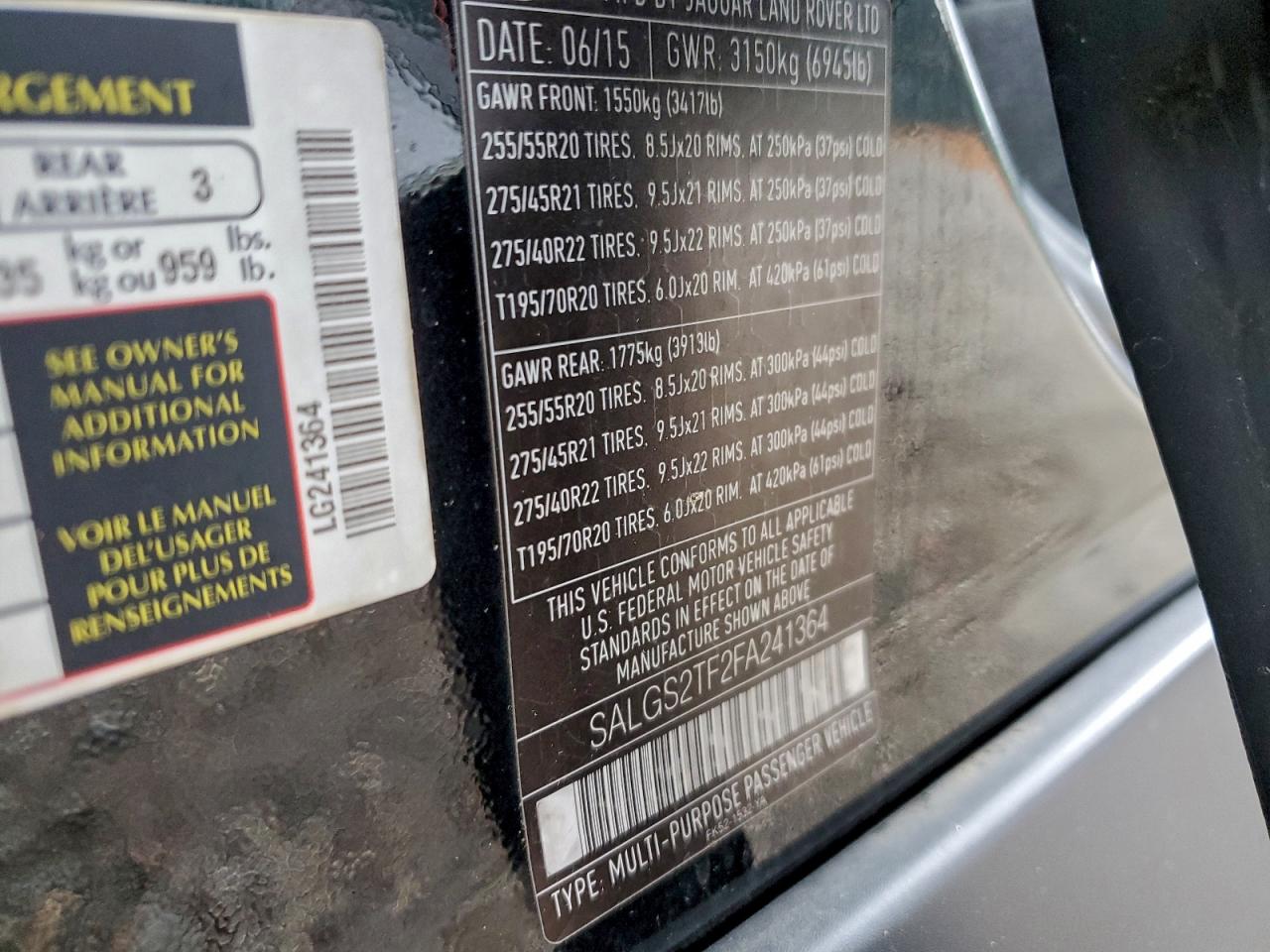 2015 Land Rover Range Rover Supercharged VIN: SALGS2TF2FA241364 Lot: 94591865